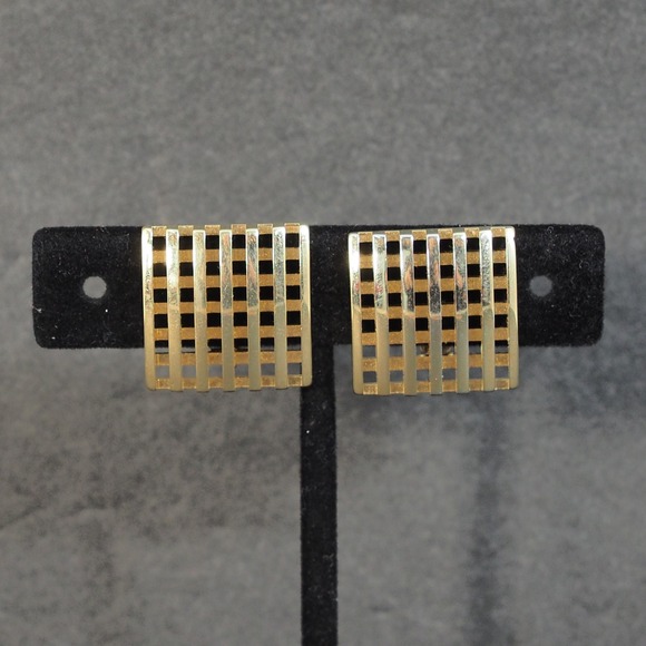 Avon Jewelry - Avon Clip On Earrings Gold Tone Geometric Checkerboard Basketweave Square Grid